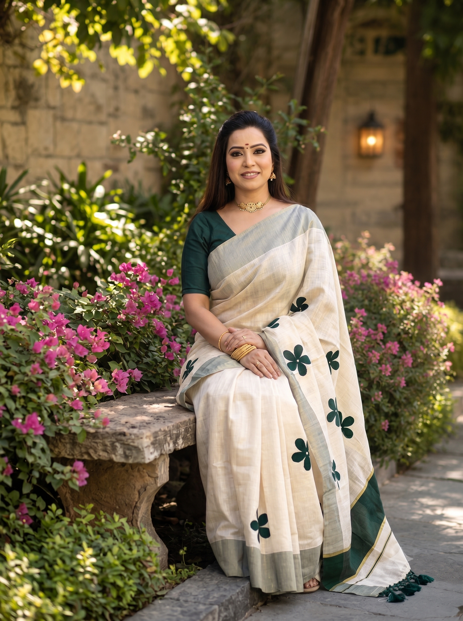 Green flower embroidered golden tissue saree with tussles