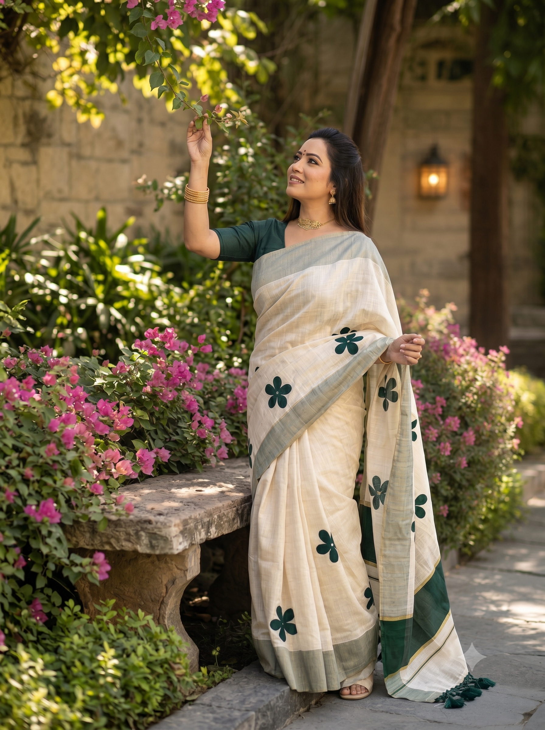 Green flower embroidered golden tissue saree with tussles