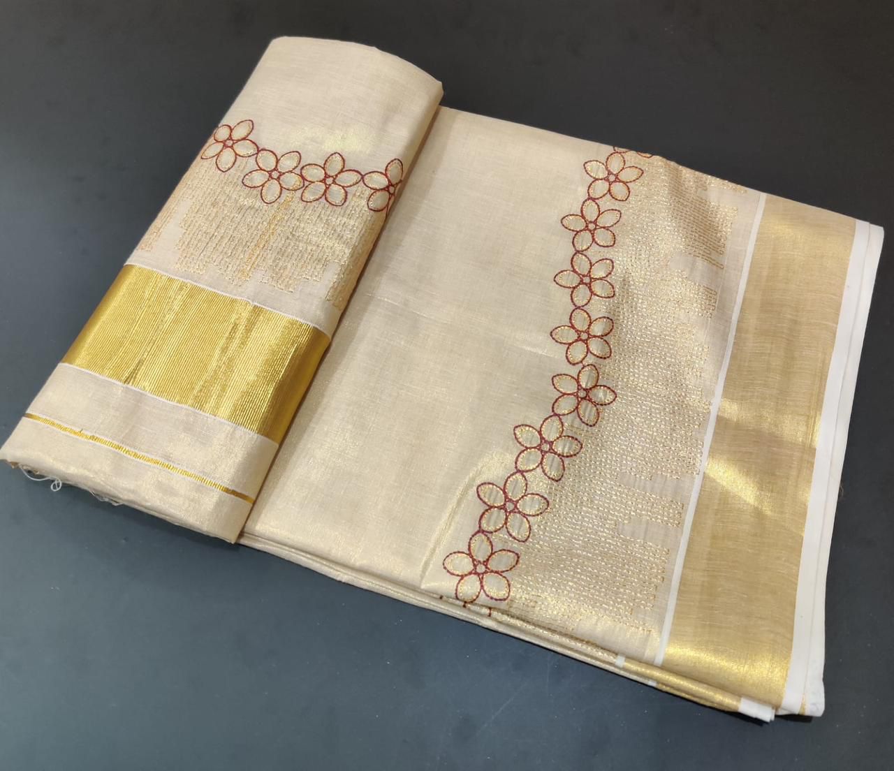 Flower shed golden tissue embroidered saree