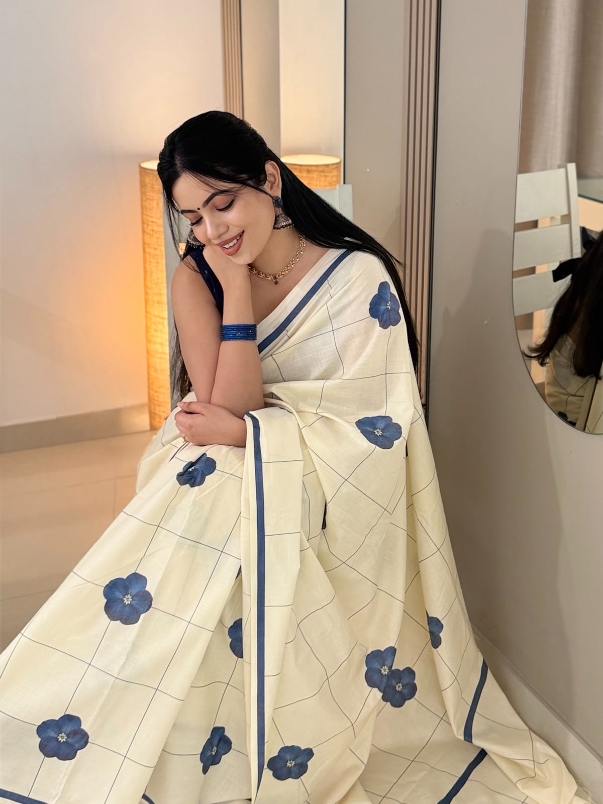 Indigo bloom checks  : Pure cotton digital printed